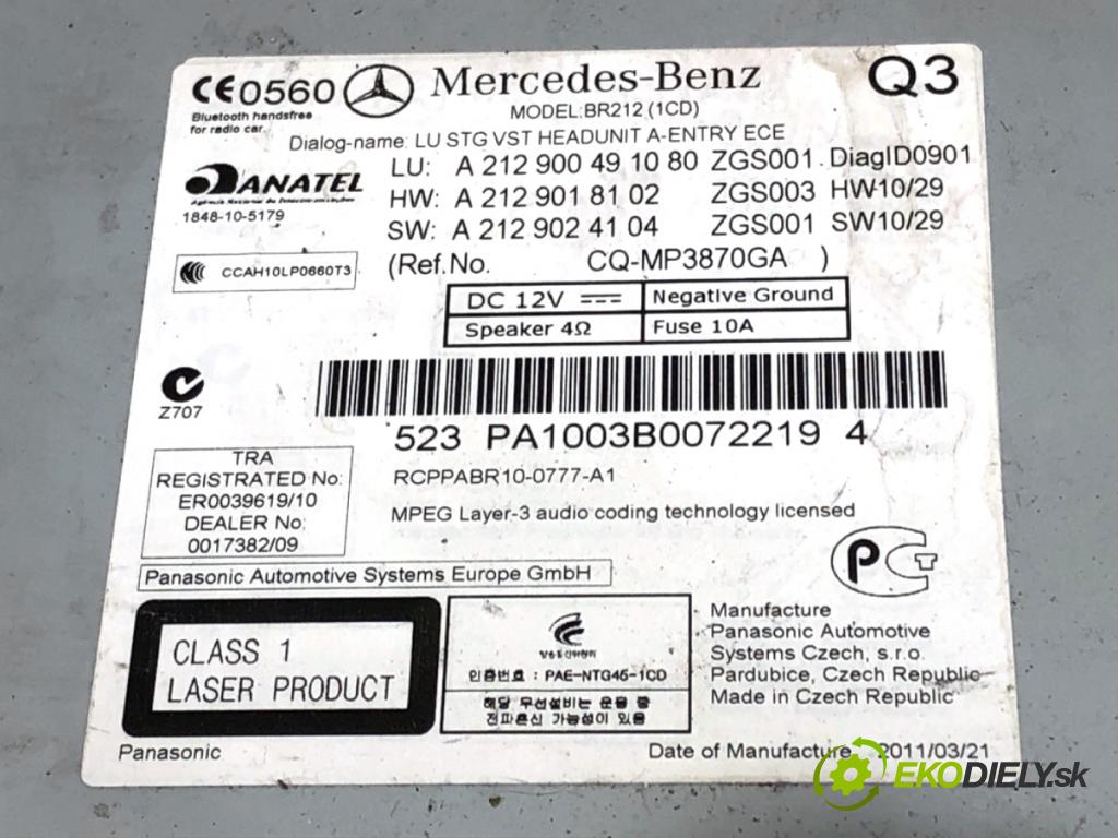 MERCEDES-BENZ S212 Kombi 2012 100 kW E 200 CDI / BlueTEC (212.205, 212.206) 2143 RADIO A2129004910 (Audio zariadenie)