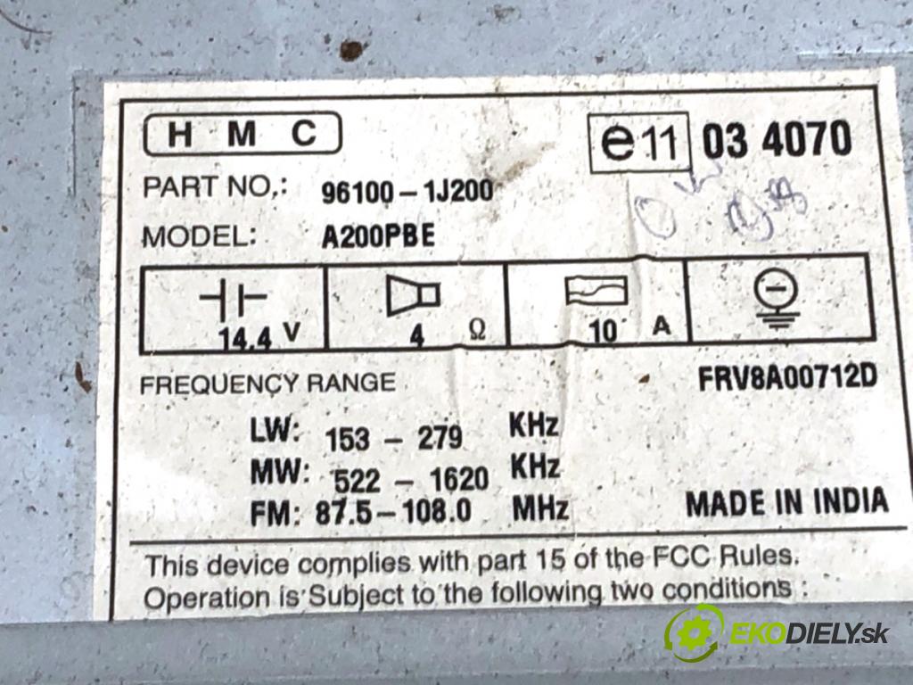 HYUNDAI i20 liftback 2009 57 kW 1.2 1248 RADIO 96100-1J200 (Audio zariadenie)