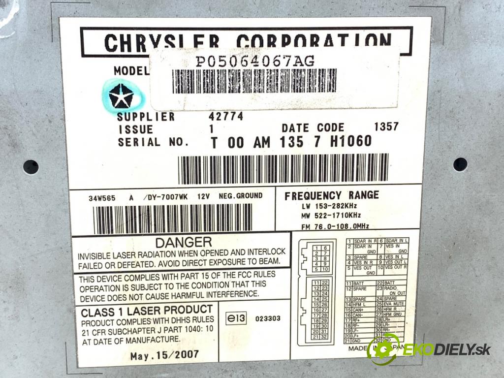 DODGE CALIBER liftback 2007 103 kW 2.0 CRD 1968 RADIO P05064067AG (Audio zariadenie)