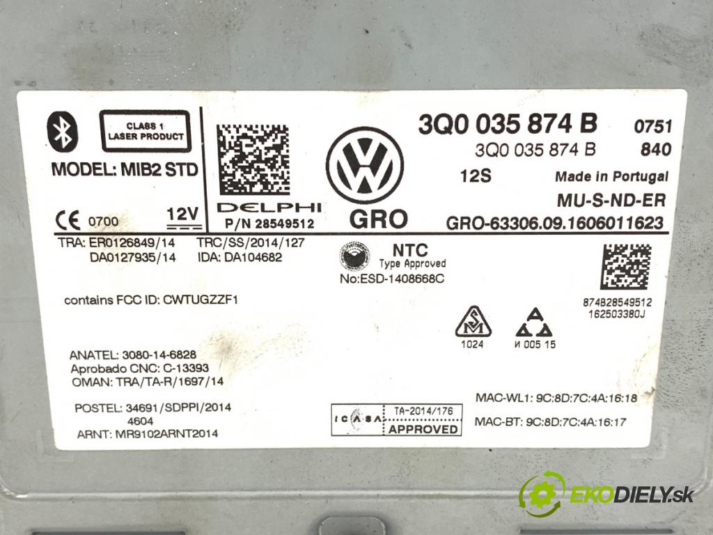 VW PASSAT B8 Kombi 2014 110 kW 2.0 TDI 1968 CZYTNIK navigace 3Q0035874B (Elektrosoučásti ostatní)