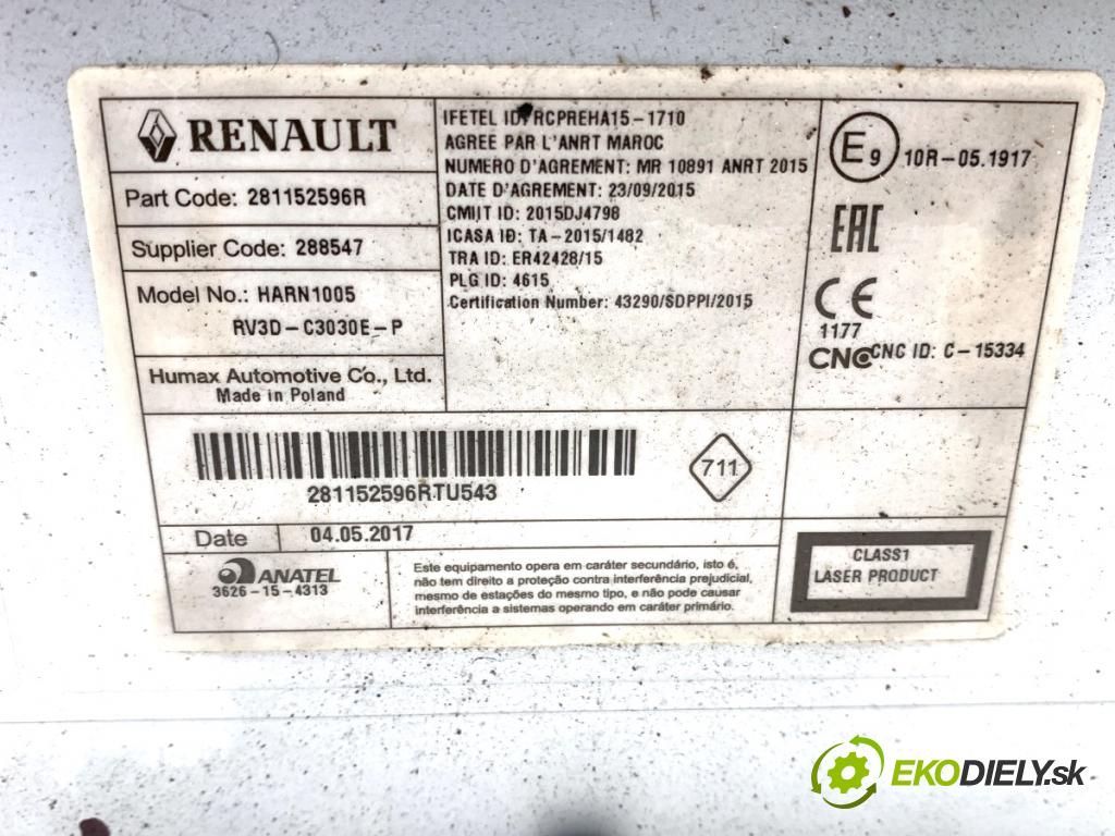 DACIA SANDERO II liftback 2017 54 kW 1.0 SCe 75 998 RADIO 281152596R (Audio zariadenie)