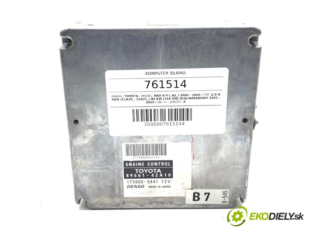TOYOTA RAV 4 II SUV 2005 85 kW 2.0 D 4WD (CLA20_, CLA21_) 1995 riadiaca jednotka Motor 89661-42A10 (Riadiaca jednotka)