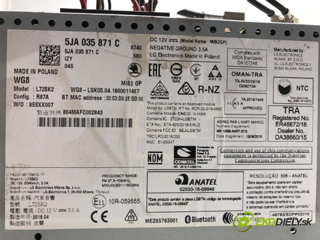 SKODA RAPID liftback 2018 85 kW 1.6 TDI 1598 RADIO 5JA035871C (Audio zariadenie)