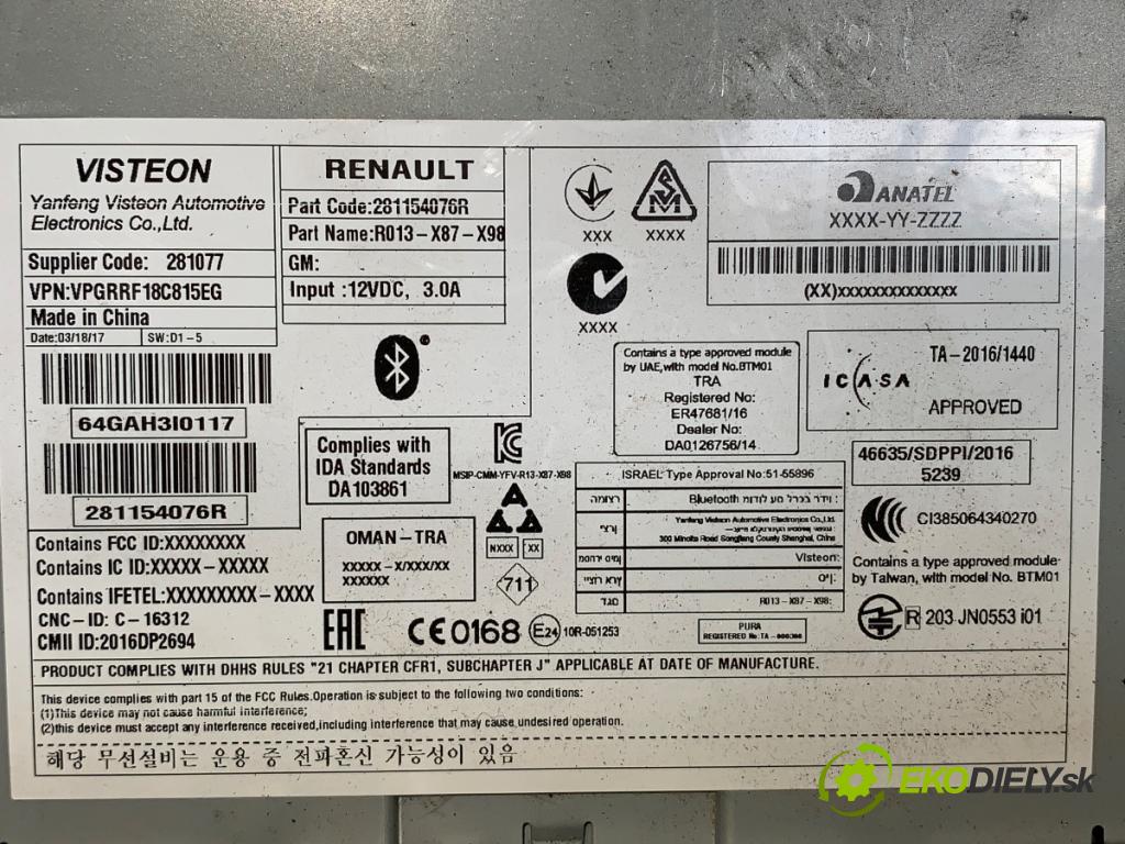 RENAULT CLIO IV liftback 2017 55 kW 1.5 dCi 75 1461 RADIO 281154076R (Audio zariadenie)