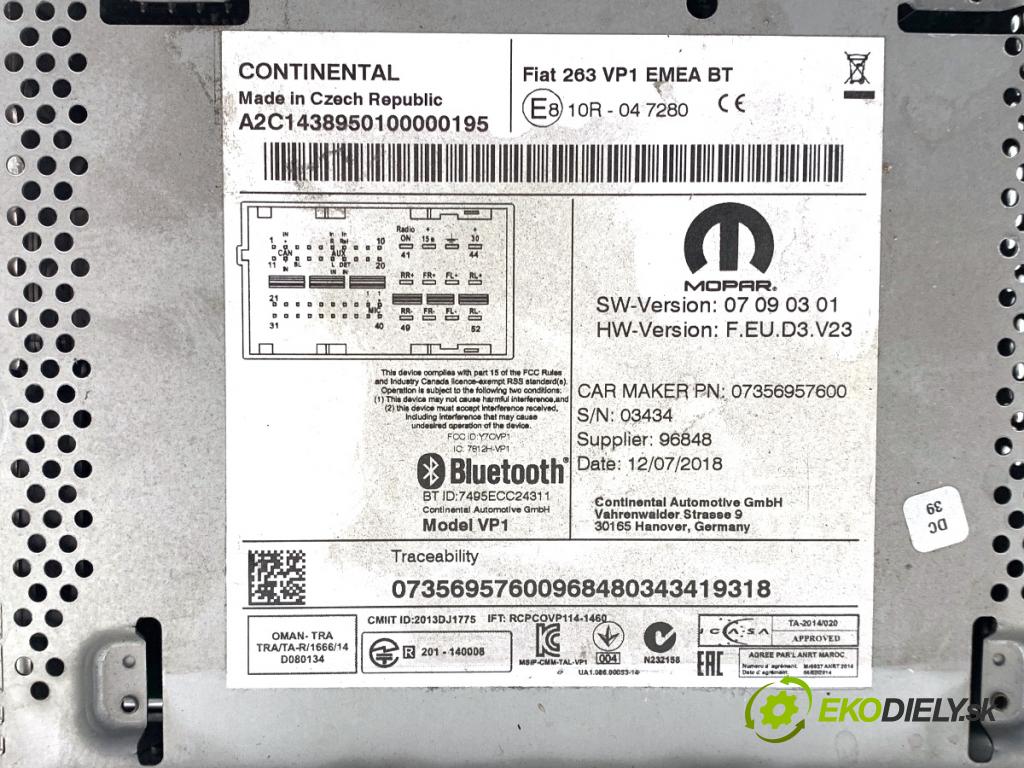 FIAT DOBLO II Autobus 2018 70 kW 1.4 (263AXA1A) 1368 RADIO 07356957600 (Audio zariadenie)