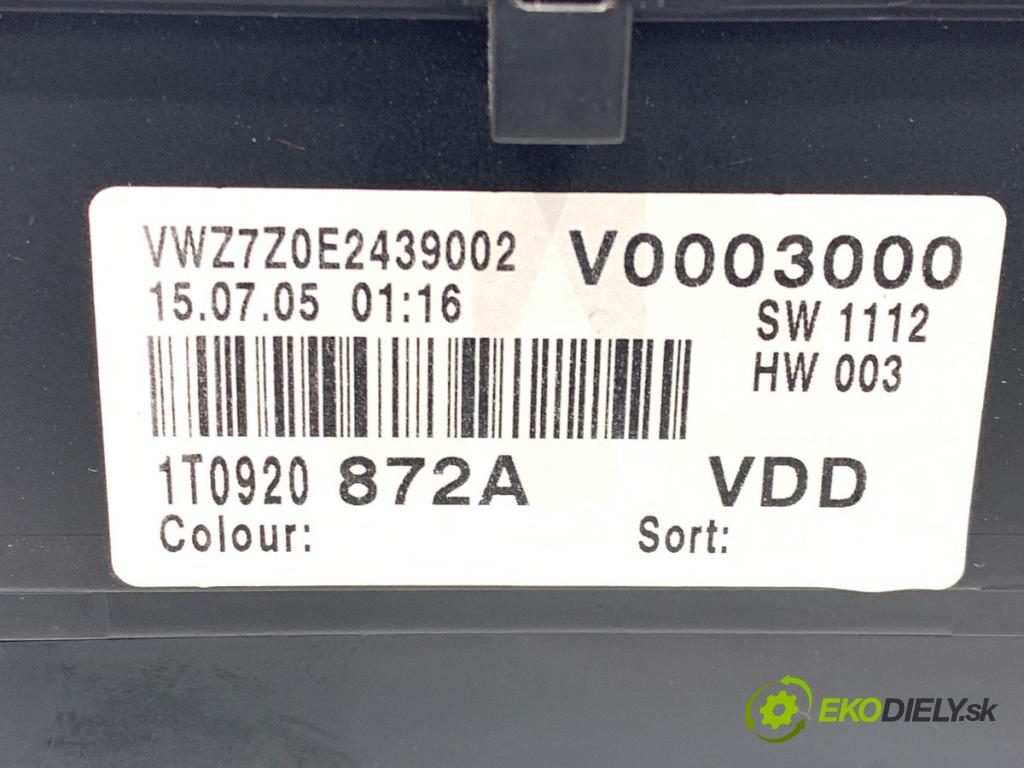 VW TOURAN nadwozie wielkoprzestrzenne (MPV) 2005 77 kW 1.9 TDI 1896 Prístrojovka 1T0920872A (Prístrojová doska)