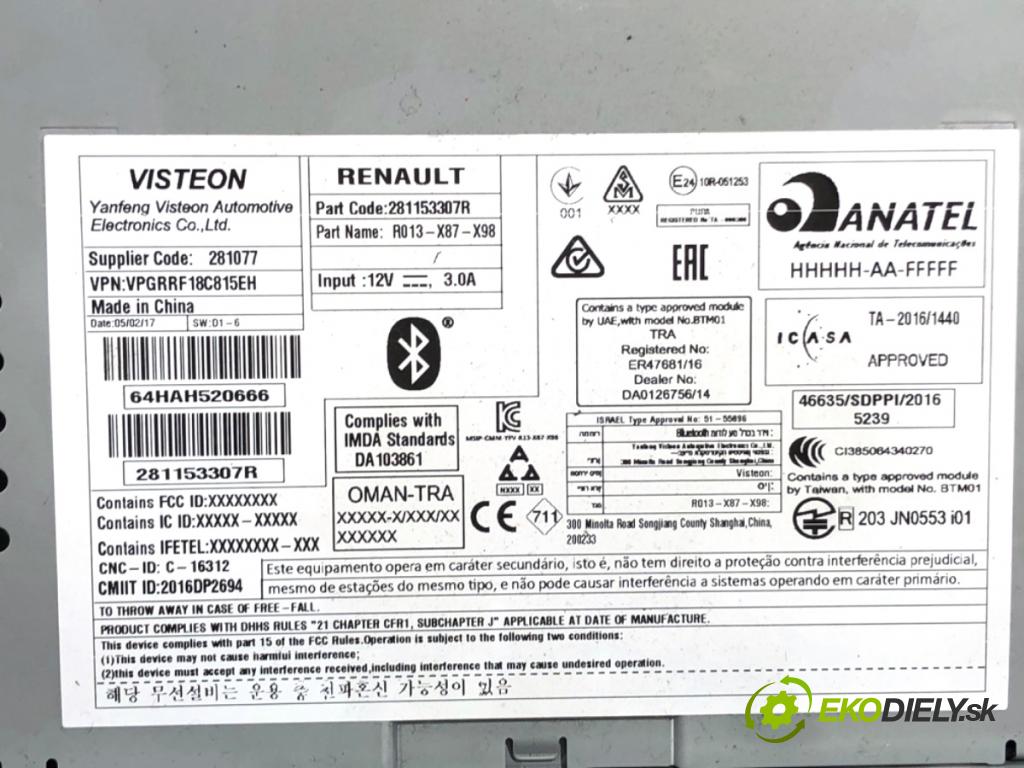 RENAULT CLIO IV liftback 2017 54 kW 1.2 16V 1149 RADIO 281153307R (Audio zariadenie)