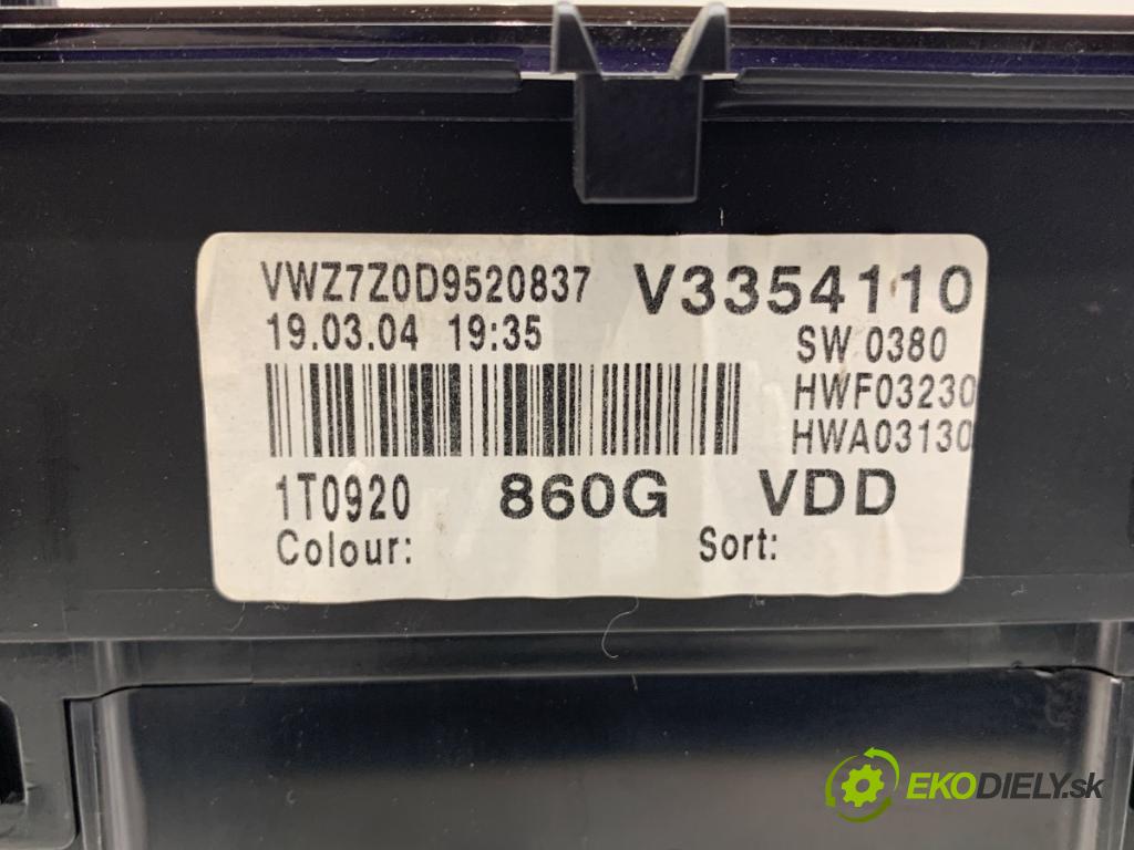 VW TOURAN nadwozie wielkoprzestrzenne (MPV) 2004 74 kW 1.9 TDI 1896 Prístrojovka 1T0920860G (Prístrojová doska)