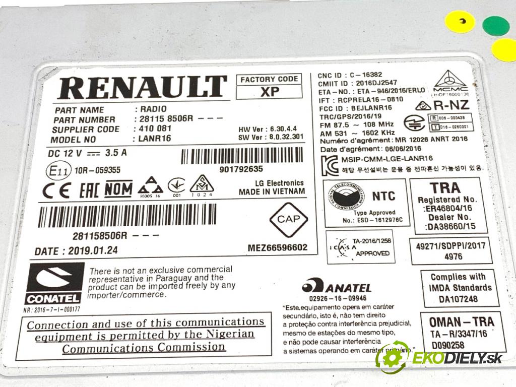 RENAULT MEGANE IV sedan 2019 103 kW 1.3 TCe 140 (LVNB) 1332 RADIO 281158506R (Audio zariadenie)