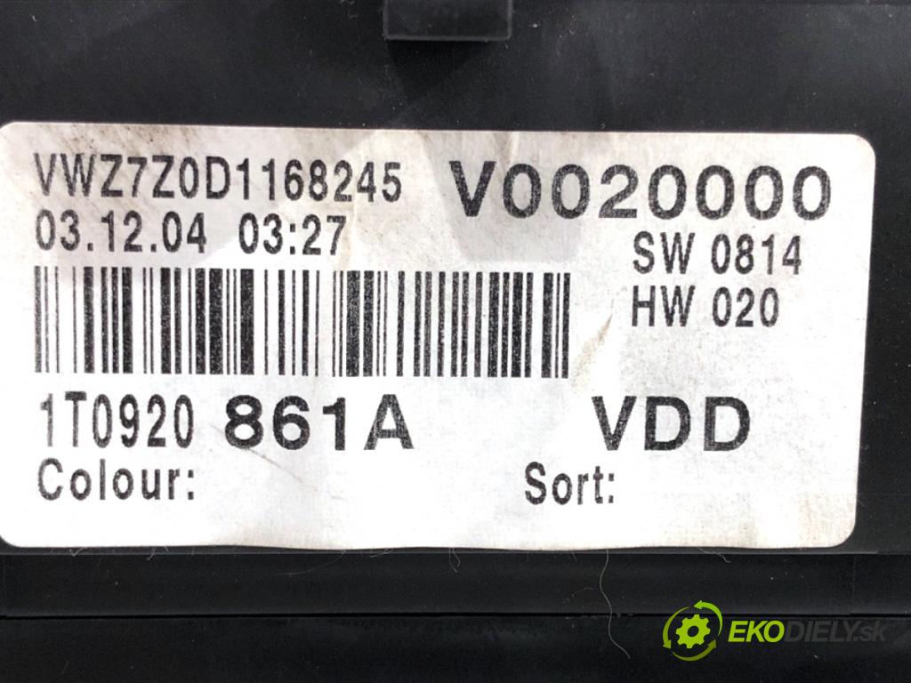 VW TOURAN nadwozie wielkoprzestrzenne (MPV) 2005 77 kW 1.9 TDI 1896 Prístrojovka 1T0920861A (Prístrojová doska)