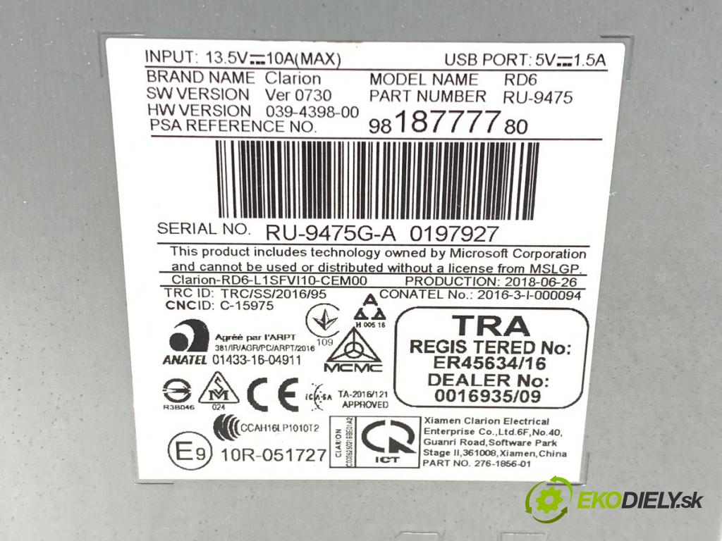 CITROEN C3 III liftback 2018 61 kW 1.2 PureTech 82 1199 RADIO 9818777780 (Audio zariadenie)