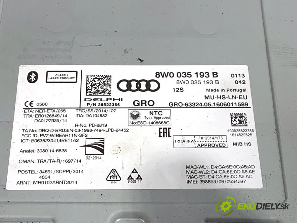 AUDI A4 B9 Kombi 2016 110 kW 2.0 TDI 1968 Menič CD čítač 8W0035193B