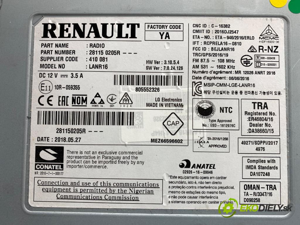 RENAULT GRAND SCENIC IV nadwozie wielkoprzestrzenne (MPV) 2018 103 kW 1.3 TCe 140 1332 RADIO 281150205R (Audio zariadenie)