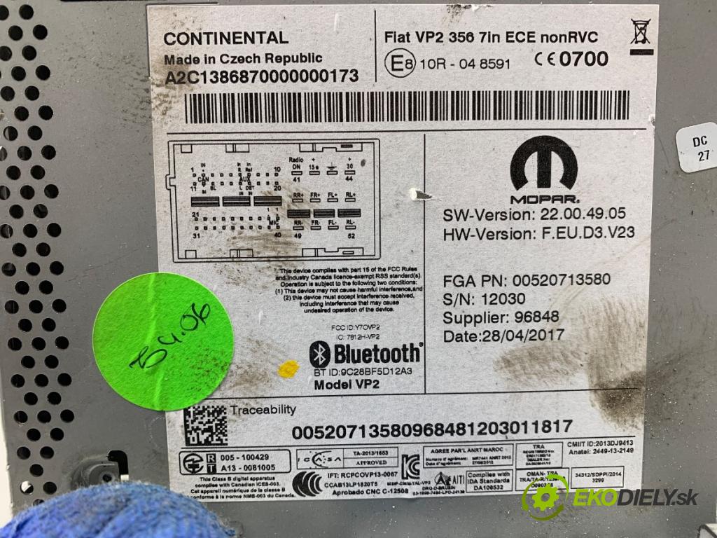 FIAT TIPO Kombi 2017 88 kW 1.4 (356WXF1B) 1368 RADIO mavigace 00520713580 (Audio zařízení)