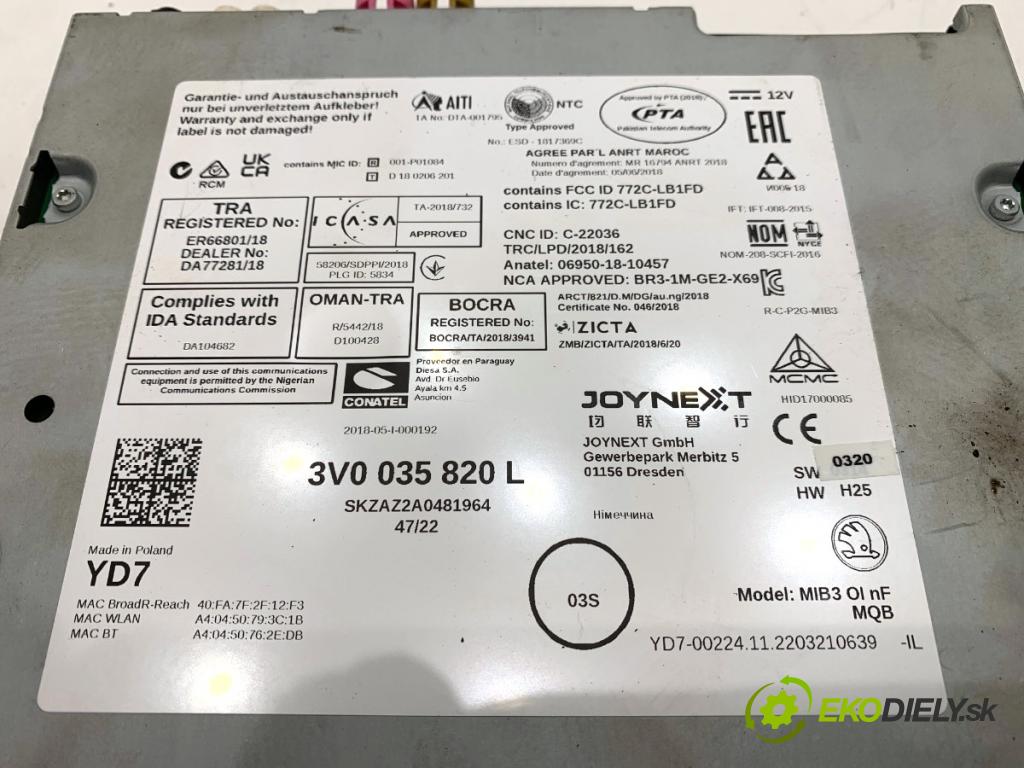 SKODA SUPERB III Kombi 2023 110 kW 2.0 TDI 1968 čítač navigácie 3V0035820L (Elektrosúčasti ostatné)