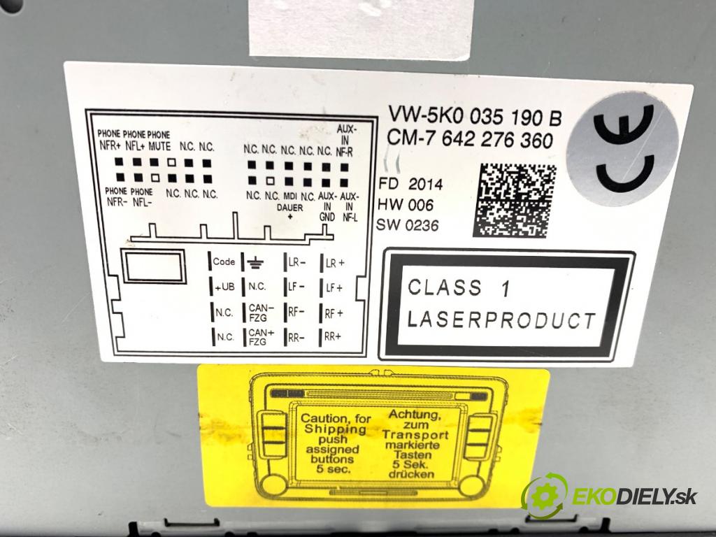 VW PASSAT B7 Kombi 2012 103 kW 2.0 TDI 1968 RADIO 5K0035190B (Audio zariadenie)