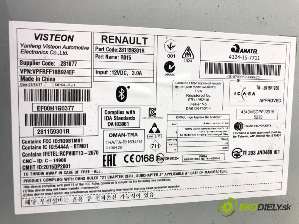 RENAULT MEGANE IV Kombi 2017 66 kW 1.5 dCi 90 1461 RADIO Navigácia 281159301R (Audio zariadenie)