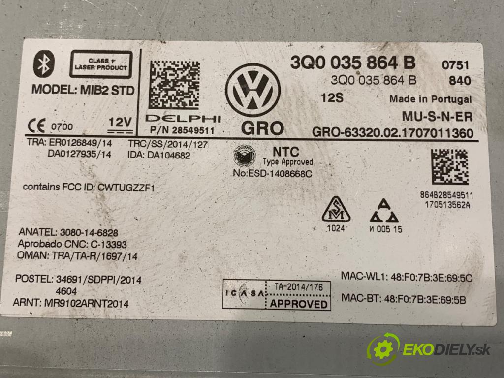 VW TIGUAN SUV 2017 110 kW 2.0 TDI 4motion 1968 Menič CD 3Q0035864B (CD menič)