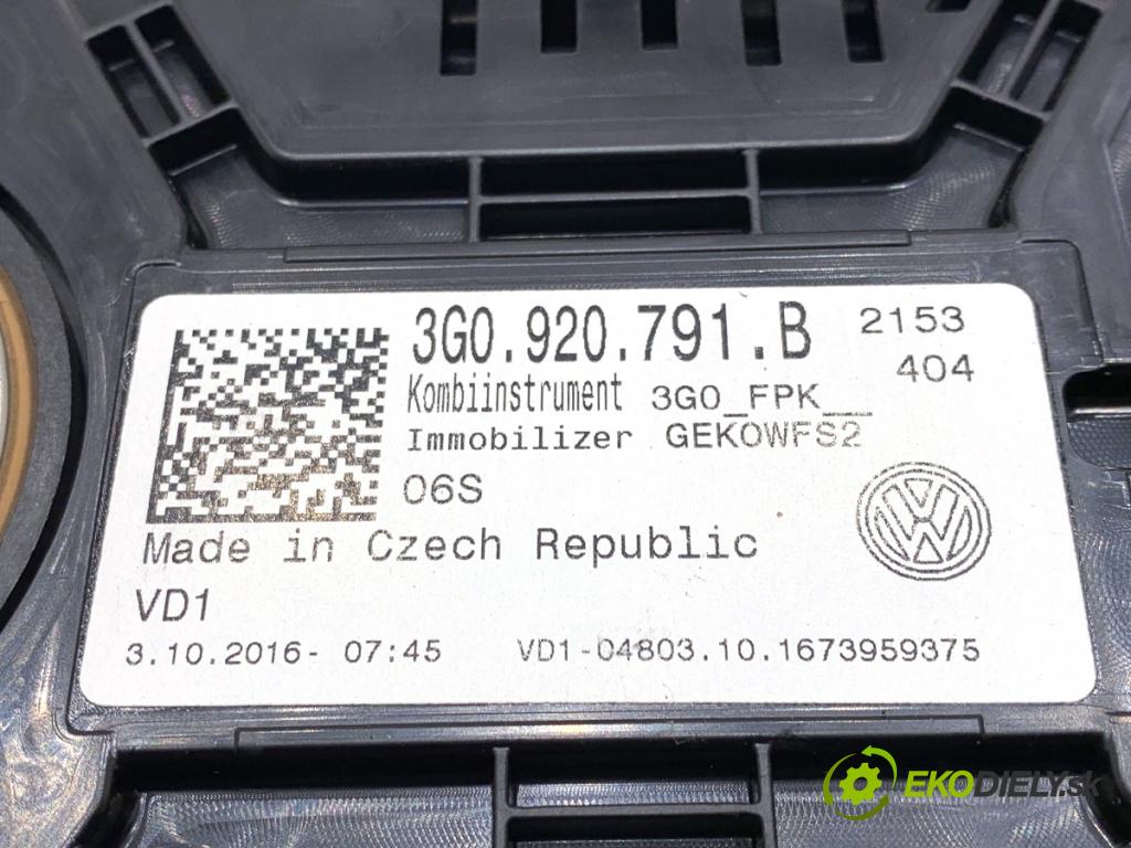 VW PASSAT B8 Kombi 2016 140 kW 2.0 TDI 1968 Prístrojovka 3G0920791B (Prístrojová doska)