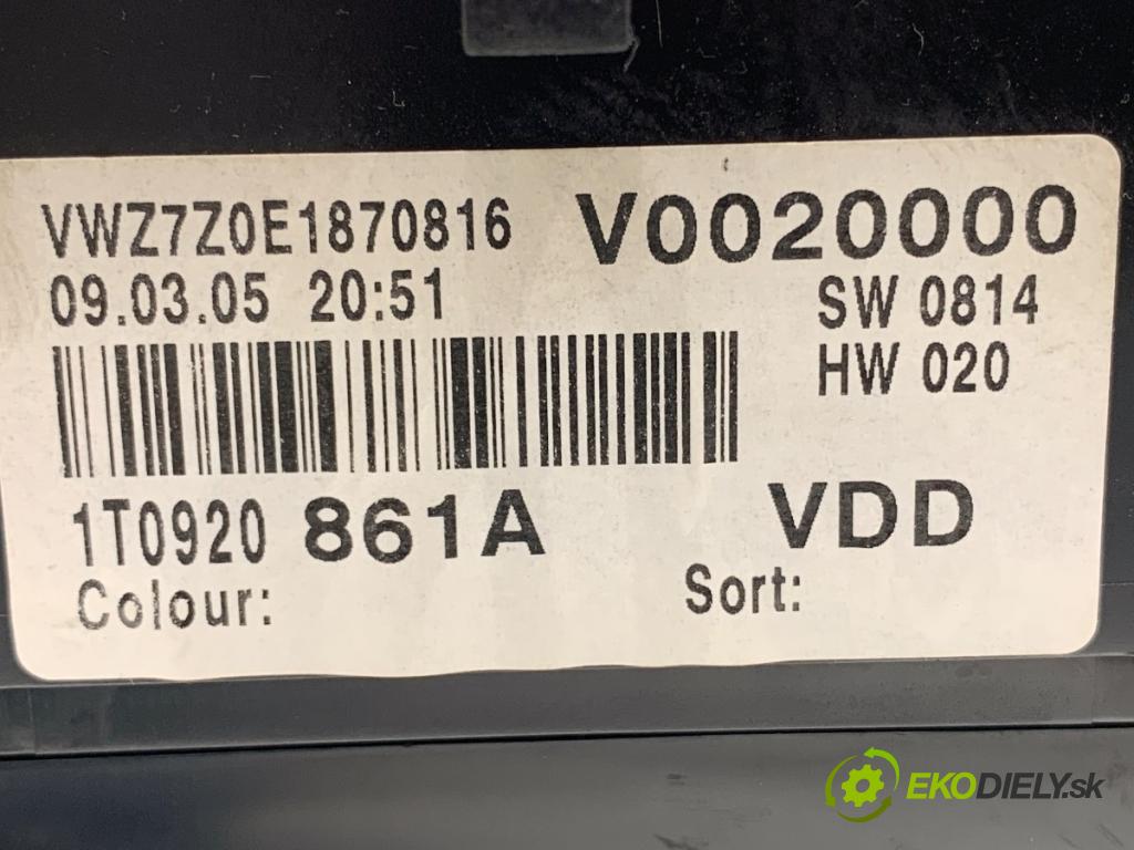 VW TOURAN nadwozie wielkoprzestrzenne (MPV) 2005 103 kW 2.0 TDI 1968 Prístrojovka 1T0920861A (Prístrojová doska)