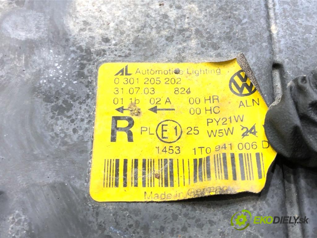 VW TOURAN nadwozie wielkoprzestrzenne (MPV) 2003 74 kW 1.9 TDI 1896 Svetlomet pravy predný