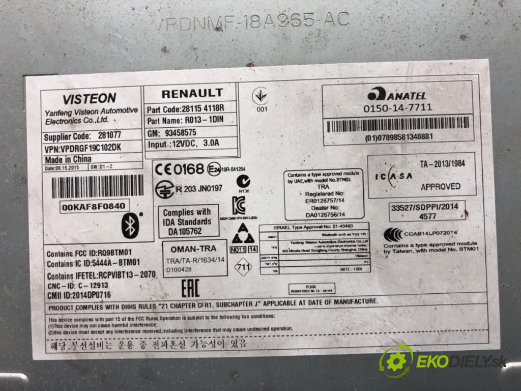 RENAULT TRAFIC III Autobus 2015 92 kW 1.6 dCi 125 (JGMH) 1598 RADIO 281154118R (Audio zařízení)