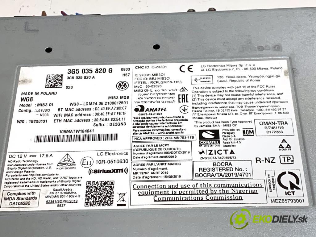 VW ARTEON liftback 2021 235 kW TSI R 1984 RADIO 3G5035820G (Audio zariadenie)