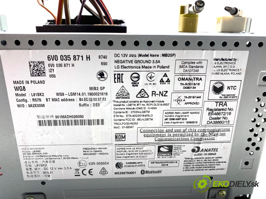 SKODA FABIA III liftback 2019 44 kW 1.0 999 RADIO 6V0035871H (Audio zařízení)