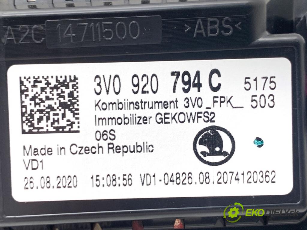 SKODA SUPERB III Kombi 2020 160 kW 1.4 TSI iV 1395 Prístrojovka 3V0920794C (Prístrojová doska)