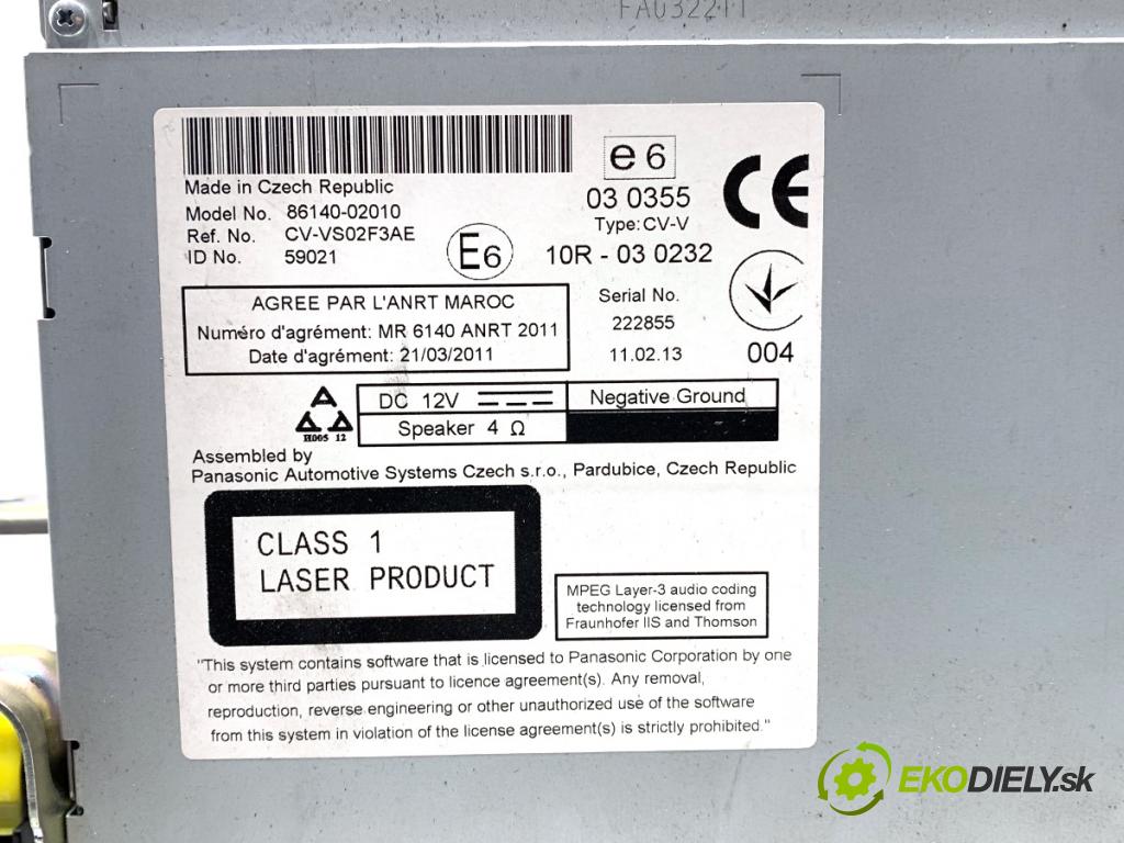 TOYOTA AURIS II liftback 2013 97 kW 1.6 (ZRE181_, ZRE185_) 1598 RADIO 86140-02010 (Audio zariadenie)