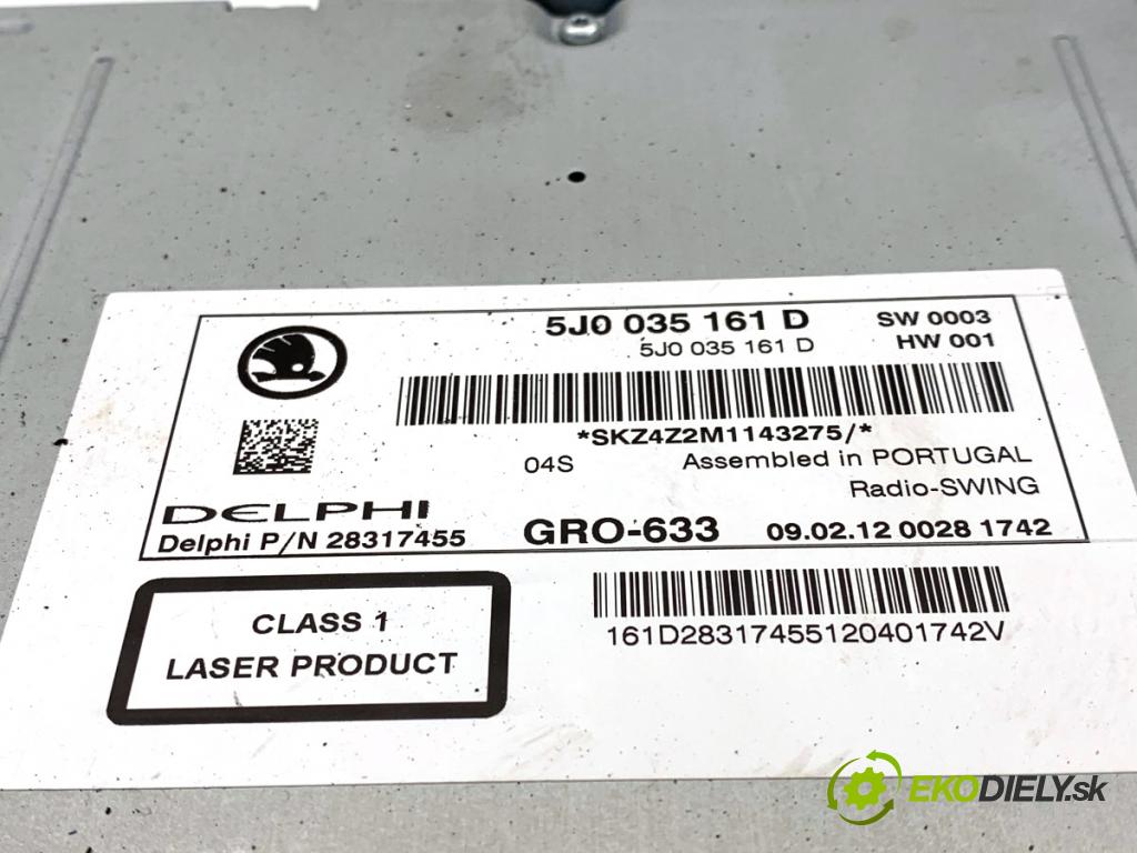 SKODA ROOMSTER nadwozie wielkoprzestrzenne (MPV) 2012 63 kW 1.4 1390 RADIO 5J0035161D (Audio zariadenie)