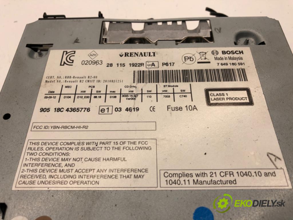 RENAULT KOLEOS I SUV 2012 110 kW 2.0 dCi (HY0K) 1995 RADIO 281151922R (Audio zariadenie)