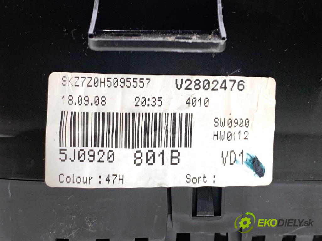 SKODA FABIA II liftback 2008 44 kW 1.2 12V 1198 prístrojovka 5J0920801B (Přístrojová deska)