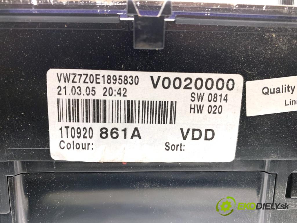 VW TOURAN nadwozie wielkoprzestrzenne (MPV) 2005 66 kW 1.9 TDI 1896 Prístrojovka 1T0920861A (Prístrojová doska)