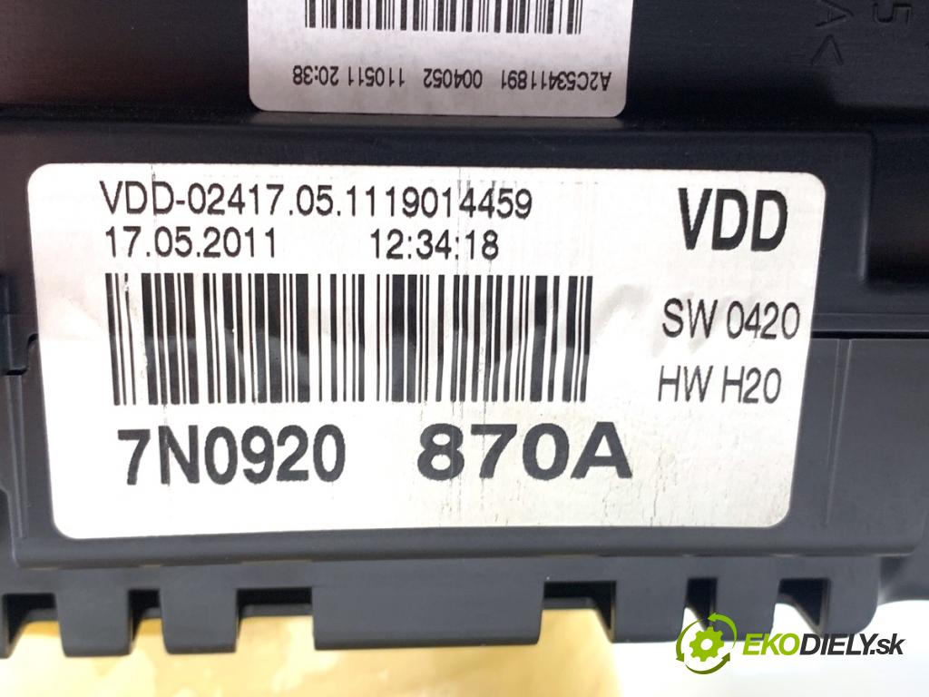 VW SHARAN nadwozie wielkoprzestrzenne (MPV) 2011 103 kW 2.0 TDI 1968 Prístrojovka 7N0920870A (Prístrojová doska)