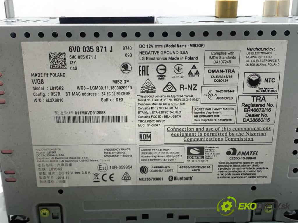 SKODA FABIA III liftback 2018 55 kW 1.0 999 RADIO 6V0035871J (Audio zařízení)