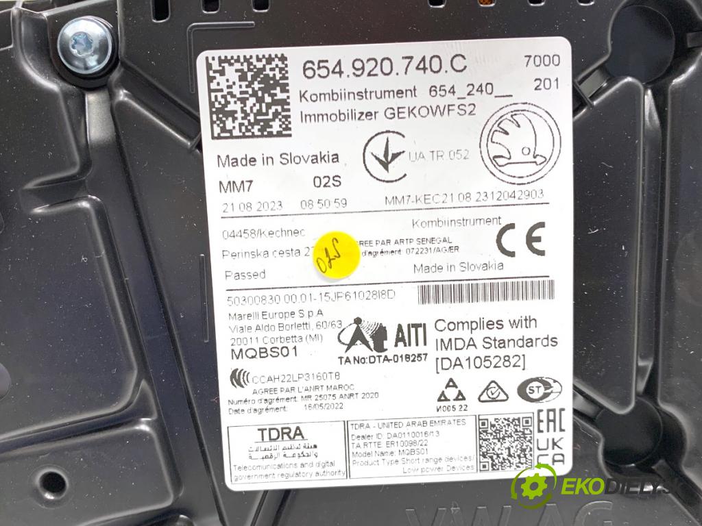 SKODA KAMIQ SUV 2023 81 kW 1.0 TSI 999 Prístrojovka 654920740C (Prístrojová doska)