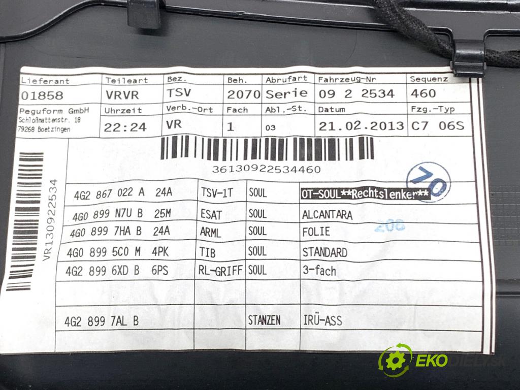 AUDI A6 C7 Kombi 2013 130 kW 2.0 TDI 1968 čalúnenie Dvere pravy predný