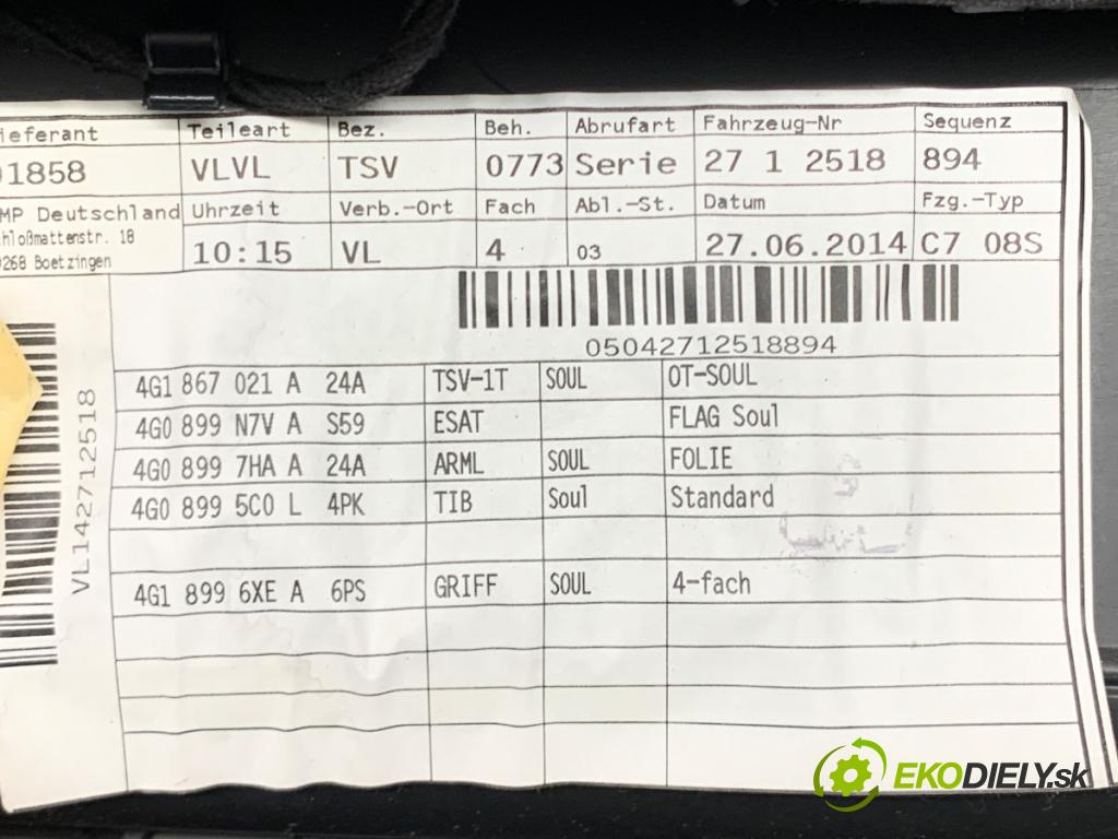 AUDI A6 C7 Kombi 2014 140 kW 2.0 TDI 1968 čalúnenie Dvere ľavy predný