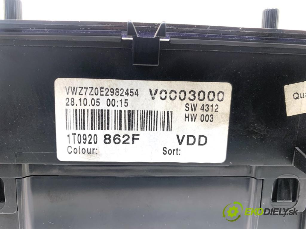 VW TOURAN nadwozie wielkoprzestrzenne (MPV) 2005 77 kW 1.9 TDI 1896 Prístrojovka 1T0920862F (Prístrojová doska)