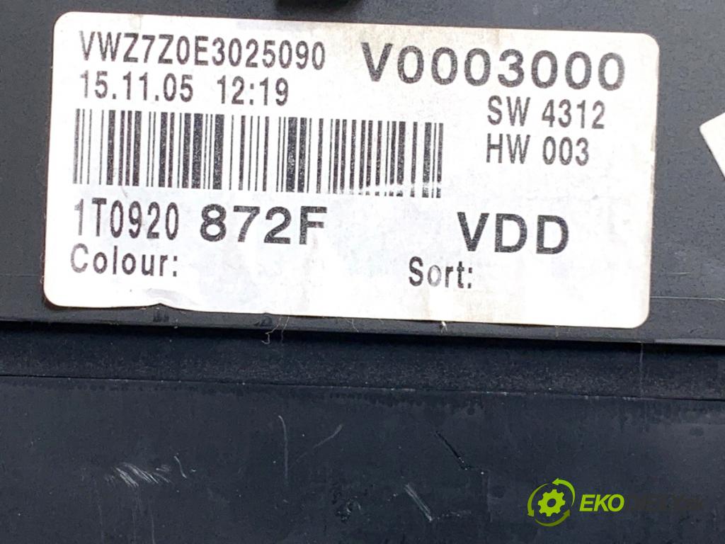 VW TOURAN nadwozie wielkoprzestrzenne (MPV) 2005 77 kW 1.9 TDI 1896 Prístrojovka 1T0920872F (Prístrojová doska)