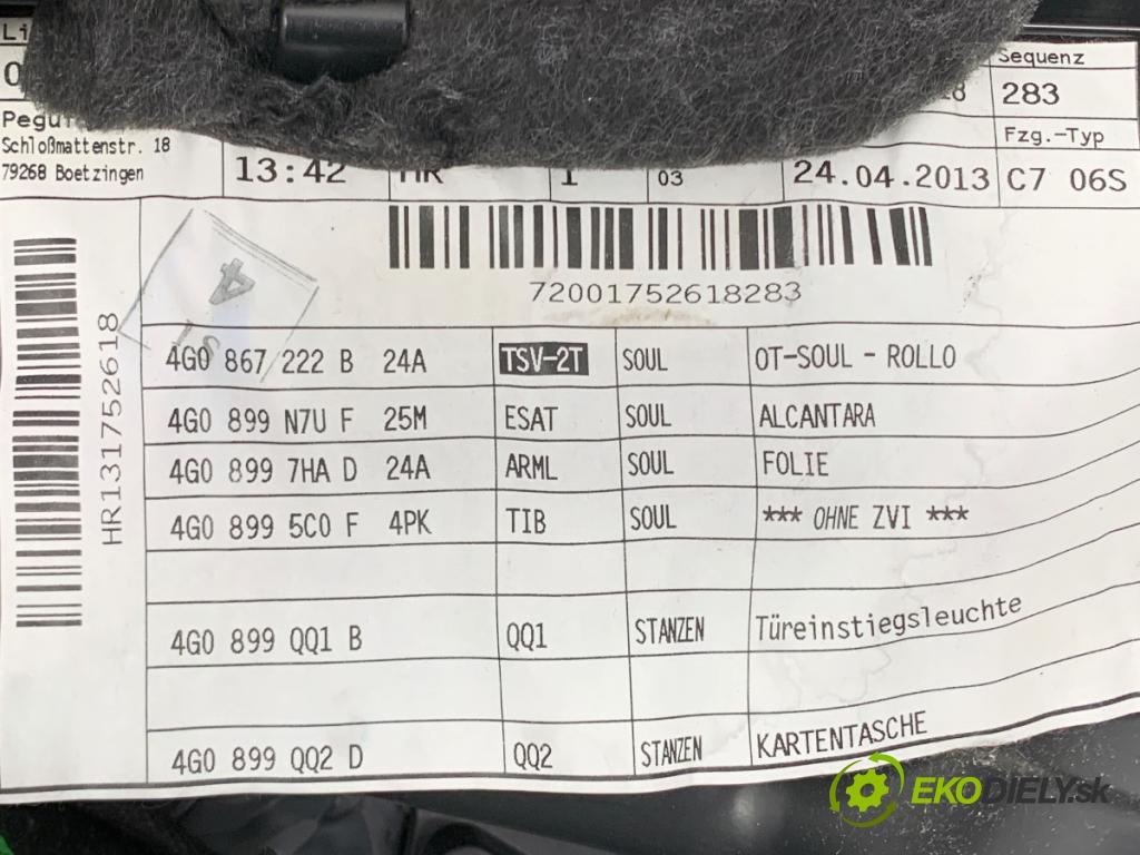 AUDI A6 C7 Kombi 2013 130 kW 2.0 TDI 1968 ča dveře pravý zadní část Roleta