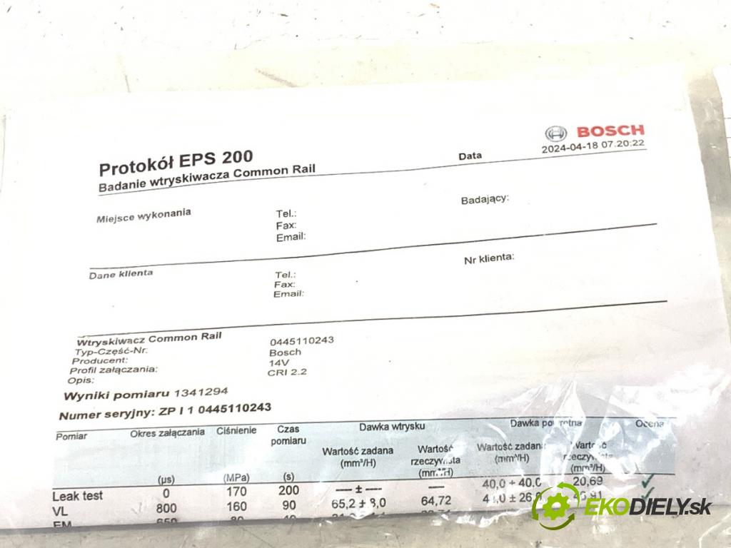 ALFA ROMEO 159 sedan 2024 110 kW 1.9 JTDM 16V (939AXC1B, 939AXC12) 1910 vstrekovač 0445110243 (Vstrekovač paliva)