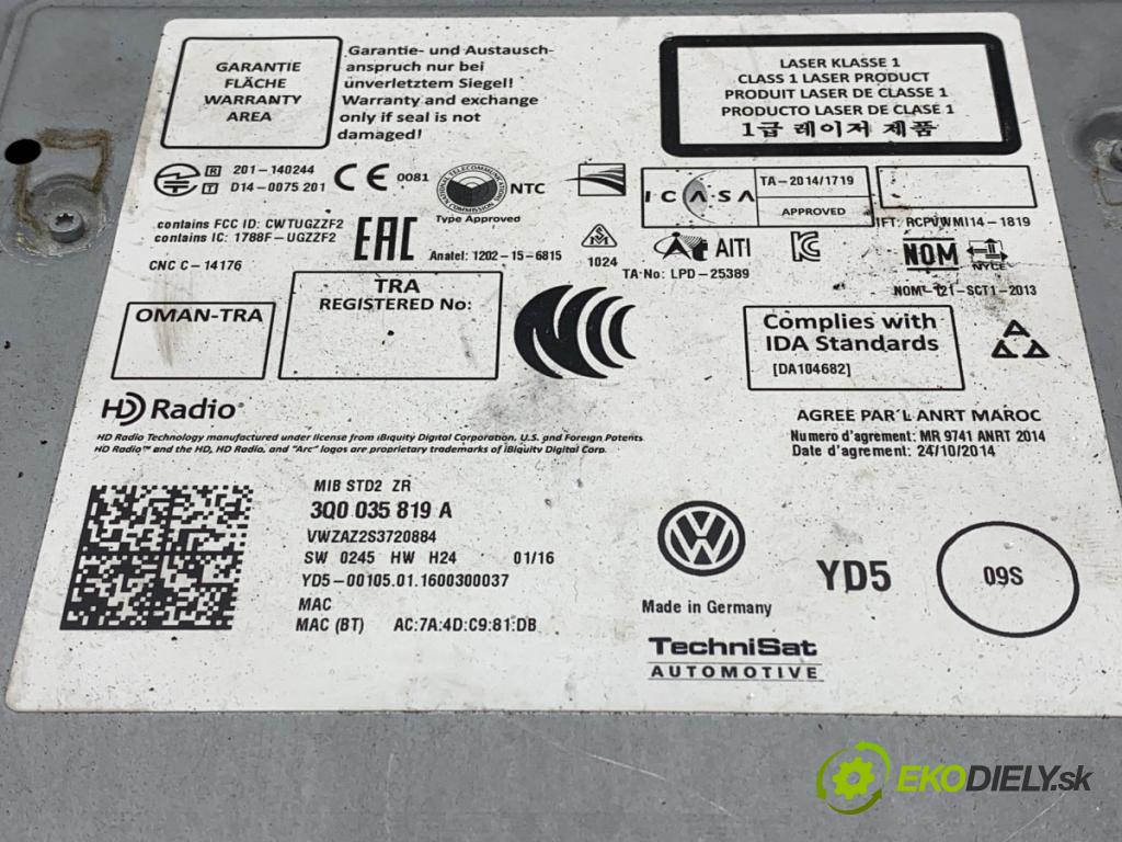 VW GOLF VII Kombi 2016 81 kW 1.6 TDI 1598 čítač navigácie 3Q0035819A (Elektrosúčasti ostatné)