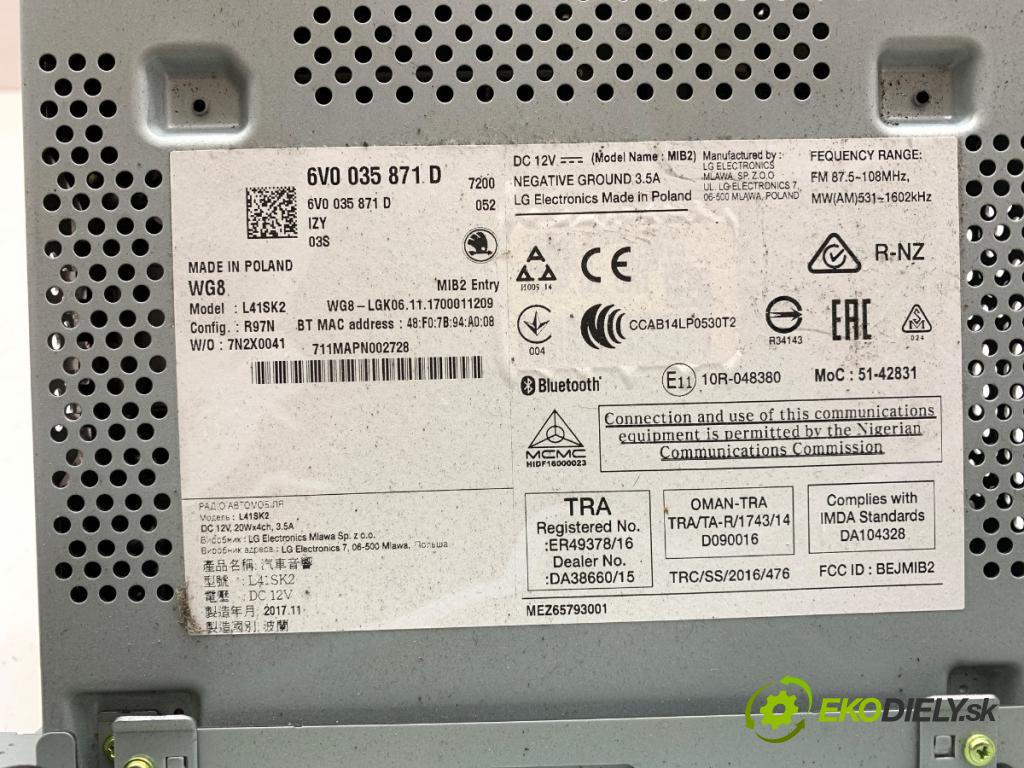 SKODA FABIA III Kombi 2017 77 kW 1.4 TDI 1422 RADIO 6V0035871 (Audio zariadenie)