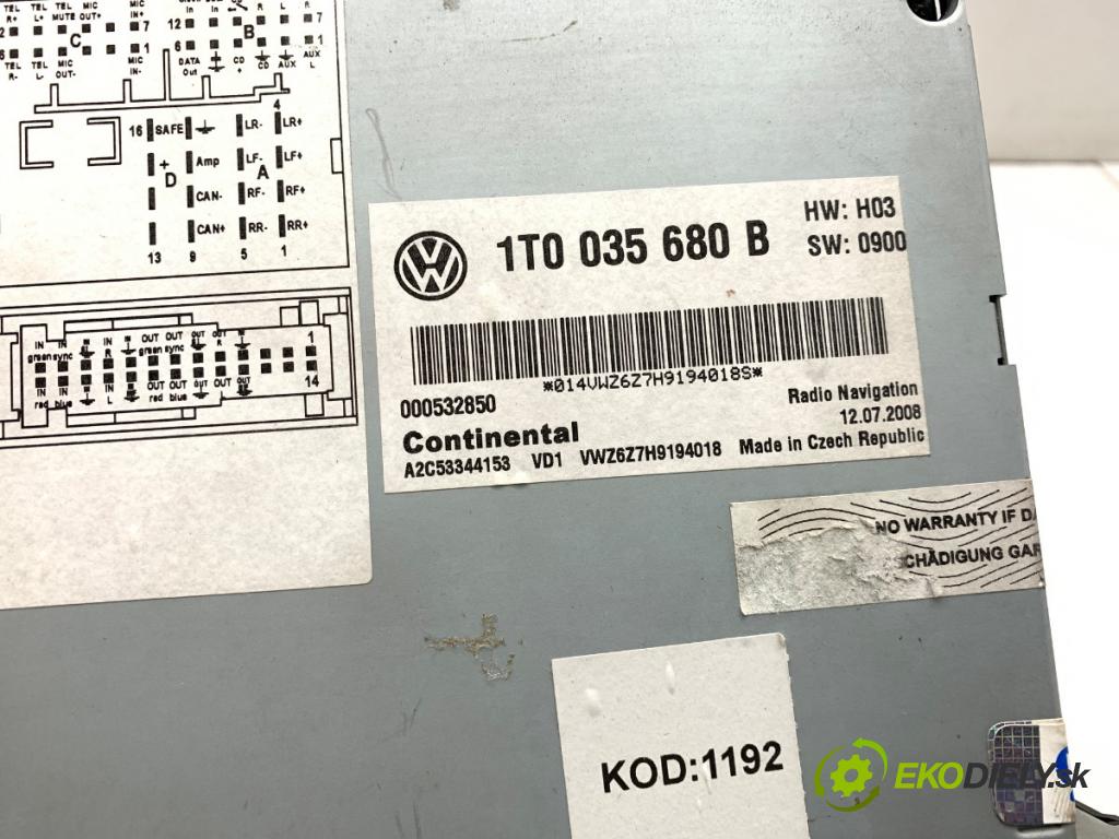 VW PASSAT CC B6 coupe 2008 103 kW 2.0 TDI 1968 RADIO 1T0035680B (Audio zariadenie)