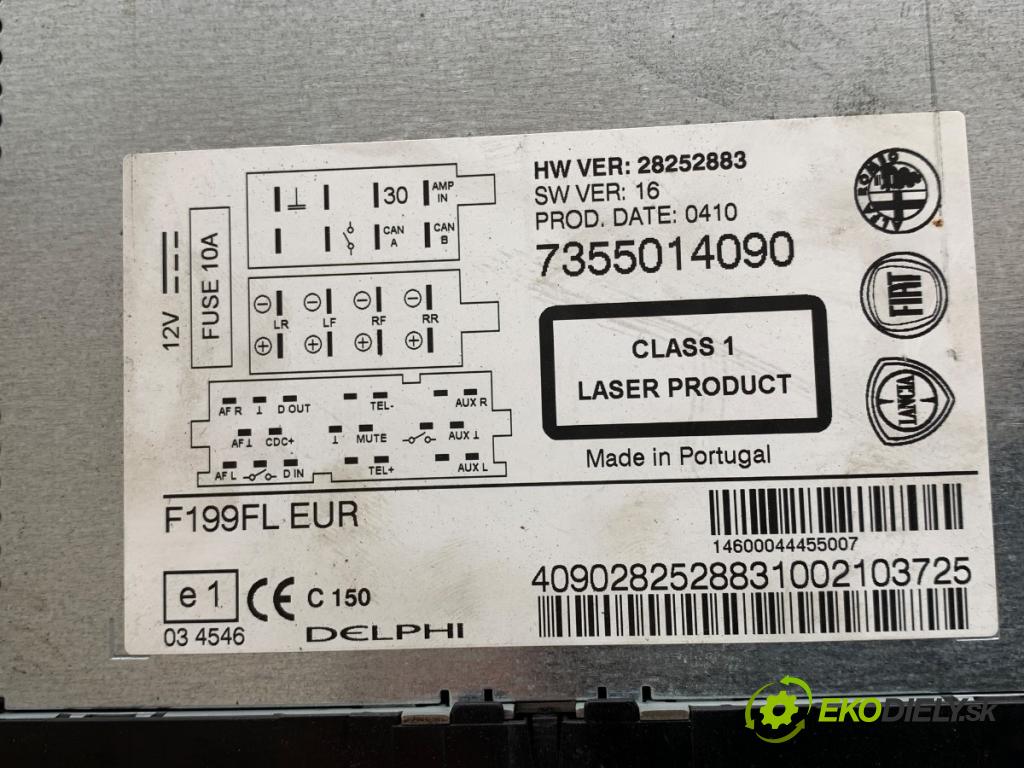 FIAT PUNTO EVO liftback 2010 55 kW 1.3 D Multijet (199AXC1A, 199BXC1A, 199AXT1A, 199BXT1A) 1248 RADIO 7355014090 (Audio zařízení)