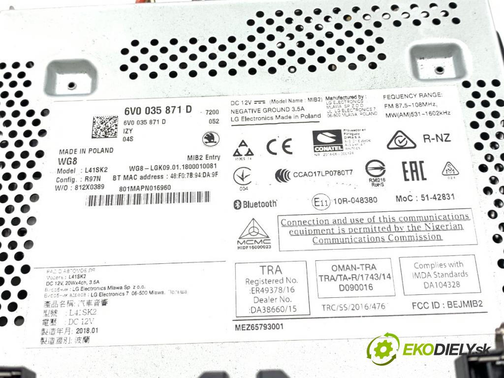 SKODA FABIA III liftback 2018 55 kW 1.0 999 RADIO 6V0035871D (Audio zařízení)