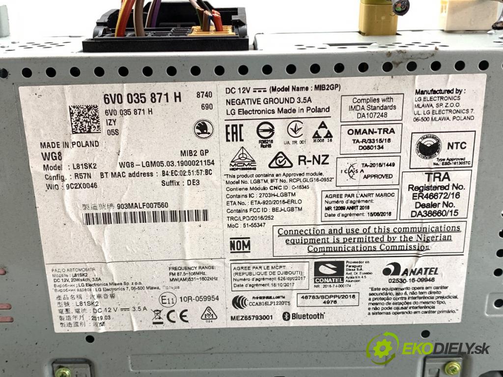 SKODA FABIA III liftback 2019 55 kW 1.0 999 RADIO 6V0035871H (Audio zařízení)