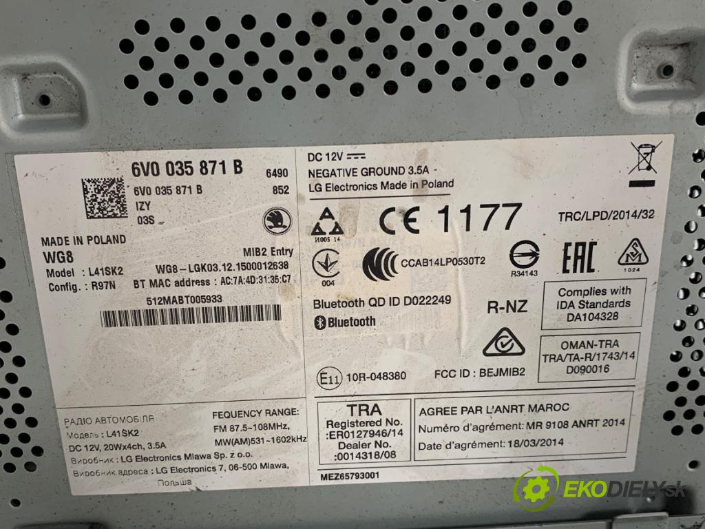 SKODA FABIA III liftback 2015 55 kW 1.0 999 RADIO 6V0035871B (Audio zariadenie)